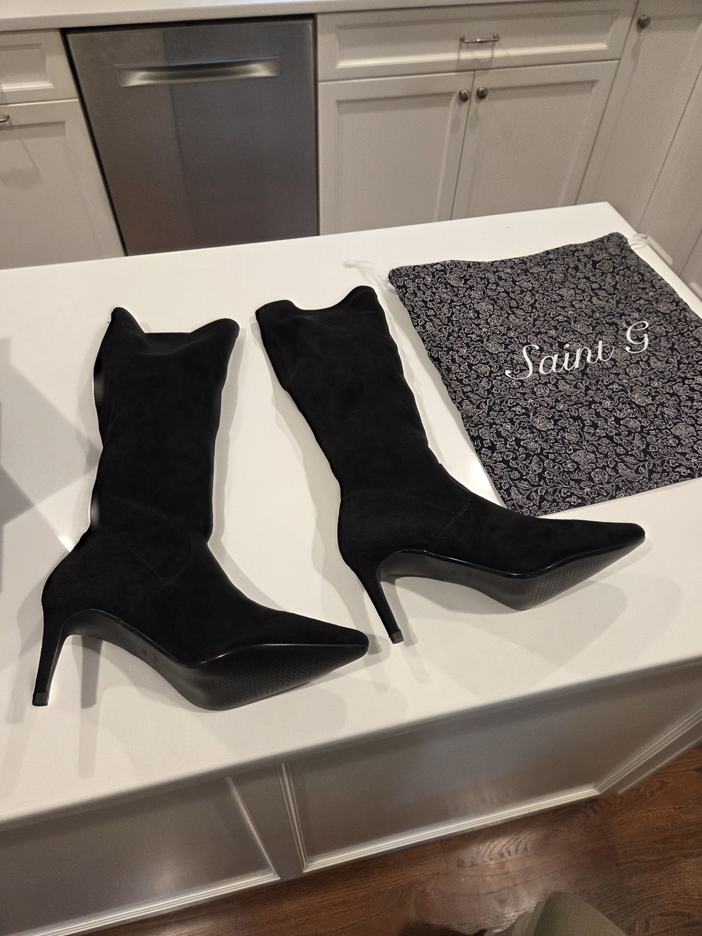 Brand New Saint G Black Suede Pointed-Toe Mid-Calf Stiletto Boots